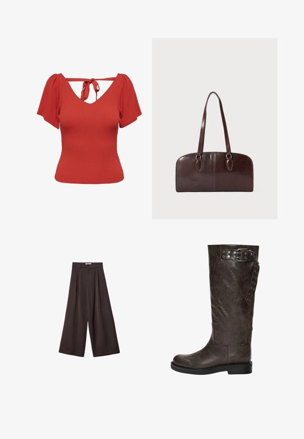 Ruskea nahkainen pommikonejacketti, jossa on vetoketjullinen etuosa, terävä kaulus, joustavat hihansuut ja helma sekä sivutaskut. Näkyvää kontrastiväristä ompelua.; Punainen ribbitekstuuri yläosa, jossa on V-muotoinen kaula-aukko ja lyhyet puffihihat. Takana solmimislukitus ja vartalonmyötäinen siluetti. Silkkinen rakenne.; Mustat leveät housut, joissa on korkea vyötärö, etupleikkuilla ja nappikiinnityksellä vyötäröllä, valmistettu sileästä kankaasta.; Korkean varren ruskea nahkakenkä, jossa on tekstuuripinta, sivuilla solki- ja napin yksityiskohtia, sekä tasainen kumipohja.; Ruske kožne torbe s dva dugačka ručka, strukturiranog pravokutnog oblika, glatke teksture i zaobljenih rubova. Sadrži detalje s naglaskom na ručkama.