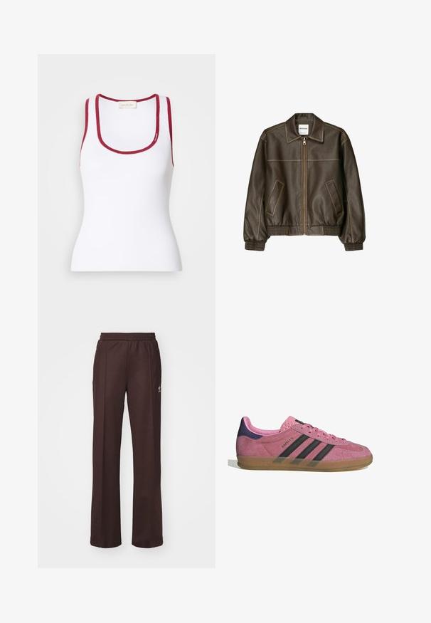 Jachetă bomber din piele maro cu fermoar frontal, guler ascuțit, manșete și tiv elasticizate și buzunare laterale. Costică contrastantă vizibilă.; Top de trening alb, ajustat, din material cu nervuri, având un decolteu rotund cu accente roșii pe margini. Detaliu cu logo-ul Calvin Klein inclus.; Pantaloni atletici maro cu talie elastică, două buzunare laterale și un mic logo pe partea stângă, fabricați dintr-un material moale.; Tenisi roz din suede cu dungi negre, talpă din cauciuc și toc texturat violet. Prezintă un design cu șireturi și un logo embosat pe lateral.