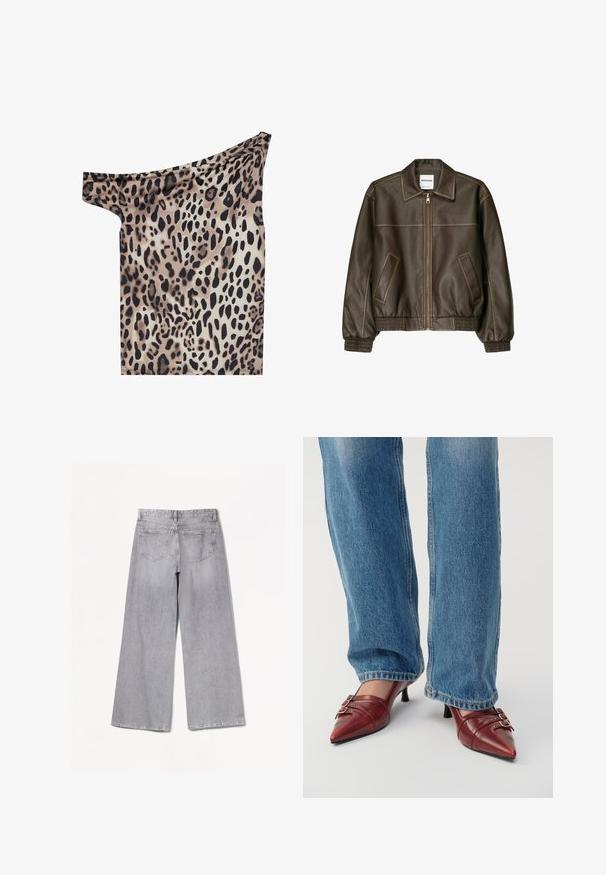 Rjava usnjena bomberska jakna z zadrgo spredaj, s koničastim ovratnikom, elastičnimi manšetami in robom, ter stranskimi žepi. Vidna kontrastna šivana.; Off-shoulder majica iz lahkotnega blaga z leopardjim vzorcem v odtenkih rjave, črne in smetane; gladka tekstura in prilegajoča oblika.; Bershka WIDE-LEG - Široke hlačnice - grey; Rdeče usnjene čevlje s koničastim prstom in majhnim peto, okrašene s horizontalnim šivom in dvema srebrnima zaponkama, nosi s modrimi kavbojkami.