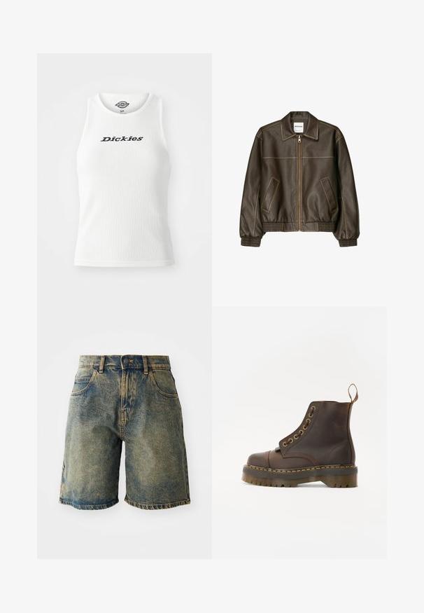 Giacca bomber in pelle marrone con zip frontale, colletto a punta, polsini e fondo elasticizzati, e tasche laterali. Cuciture in contrasto visibili.; Canotta bianca a costine con scollatura rotonda e design senza maniche, con la scritta "Dickies" in lettere nere sul petto.; Pantaloni shorts in denim di colore blu sbiadito, con cinque tasche, chiusura a bottone e orli sfrangiati, presentano una texture leggermente usurata.; Stivale alla caviglia in pelle marrone con punta tonda, cuciture gialle a contrasto, occhielli decorativi in metallo e suola in gomma scanalata.
