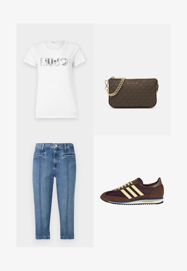 Brown leather bomber jacket with a zip front, pointed collar, elasticized cuffs and hem, and side pockets. Contrast stitching visible.; White cotton t-shirt featuring a graphic text "LIU.JO" in metallic silver with a dot accent, short sleeves, and a round neckline.; Denim trousers in medium blue, featuring a five-pocket design, straight cut, and contrast stitching along the side seams.; Brown and burgundy sneaker with suede and mesh materials, featuring three cream stripes, textured fabric on the tongue, and a rubber sole.; Brown leather crossbody bag with logo pattern, gold chain strap, zipper closure, and gold hardware accents. Compact and rectangular shape.