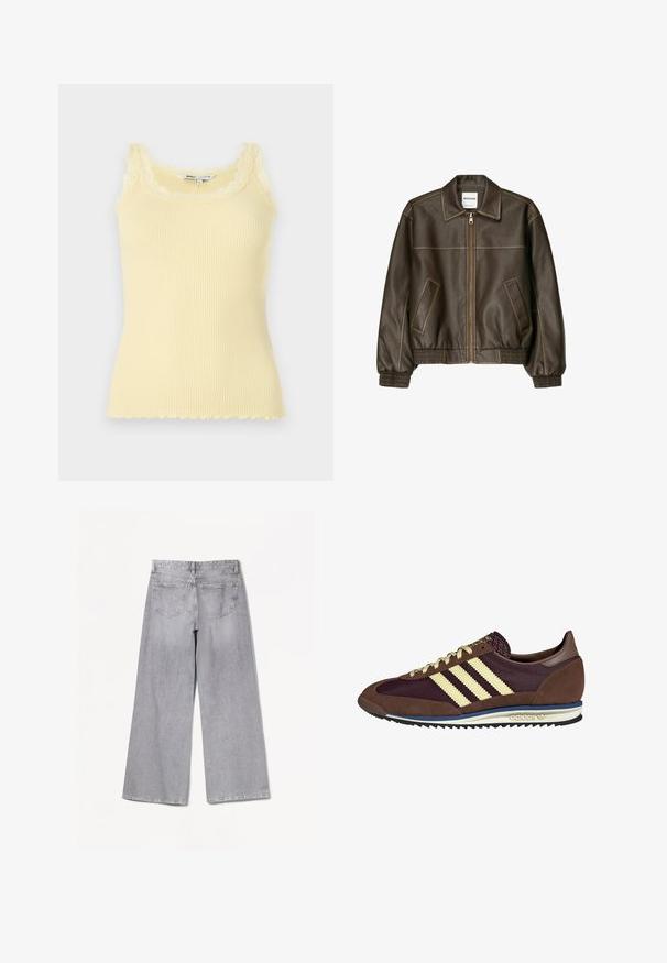 Rjava usnjena bomberska jakna z zadrgo spredaj, s koničastim ovratnikom, elastičnimi manšetami in robom, ter stranskimi žepi. Vidna kontrastna šivana.; Rebrast top brez rokavov v rumeni barvi z valovitim čipkastim ovratnikom in robom. Mehak tekstur, prilega se telesu in je izdelan iz lahkega materiala.; Bershka WIDE-LEG - Široke hlačnice - grey; Rjavi in rdeče-burgundske teniske iz usnja in mrežastega materiala, ki imajo tri smetane stripe, teksturirano blago na jeziku in gumijast podplat.