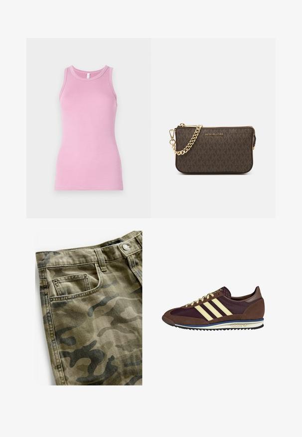 Jachetă bomber din piele maro cu fermoar frontal, guler ascuțit, manșete și tiv elasticizate și buzunare laterale. Costică contrastantă vizibilă.; Top de tank roz cu un design mulat, având un decolteu rotund și o textură ribbed. Fără modele sau accente prezente.; Next Pantaloni scurți din denim - camo print; Sneaker maro și burgund cu materiale din suede și plasă, având trei dungi crem, țesătură texturată pe limbă și o talpă din cauciuc.; Geantă de umăr din piele maro, cu model logo, curea cu lanț aurit, închidere cu fermoar și accente aurii. Formă compactă și rectangulară.