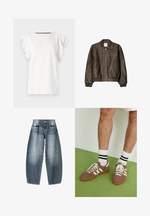 Brun læder bomberjakke med lynlåsfortil, spids krave, elastiske cuffe og kant, samt sidelommer. Kontrastsyninger synlige.; Hvid bomulds t-shirt med flagrende ærmer og rund halsudskæring. Diskret branding på forsiden, glat tekstur og afslappet pasform.; Bredde jeans lavet af lyseblå denim med falmning, der har et fem-lomme design, knaplukning og minimale syninger.; Brune ruskind sneakers med hvide detaljer og snørebånd. Gummisål i naturgummi. Båret med hvide sokker med sorte striber. Grøn struktureret gulv.