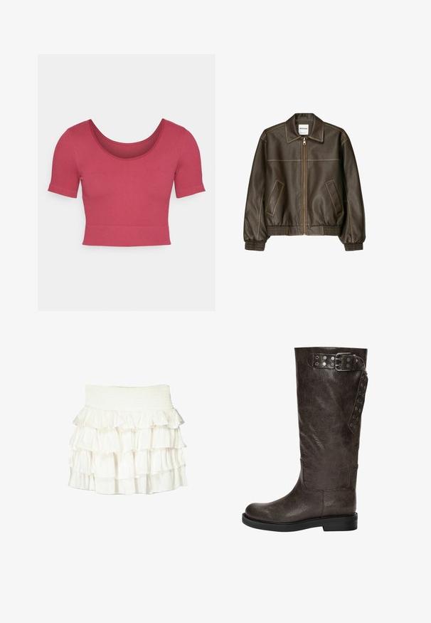 Brun läderbomberjacka med dragkedja fram, spetsig krage, elastiska manschetter och nederkant, samt sidofickor. Kontrastsydda sömmar synliga.; Kortsleeve crop top i en solid rosafärg, ribbad textur, rund halsringning, figursydd design och smal fåll vid midjan.; Vit volangkjol med smockad midja. Har lager av genomskinliga volanger som skapar ett texturerat, flödande utseende.; Bruna läderstövlar i knähöjd med en texturerad yta, som har en spänne och tryckknappsdetaljer på sidan, samt en platt gummisula.