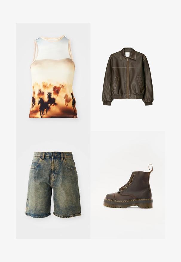 Jachetă bomber din piele maro cu fermoar frontal, guler ascuțit, manșete și tiv elasticizate și buzunare laterale. Costică contrastantă vizibilă.; Top fără mâneci, cu un imprimeu de cai în alergare în tonuri de maro și crem, realizat dintr-un material neted, cu decolteu rotund și o croială ajustată.; Păshorturi din denim de culoare albastră estompată, dotate cu cinci buzunare, închidere cu button și margini destrămate, având o textură ușor uzată.; Bocanci din piele maro, cu vârful rotund, cusături galbene contrastante, ochiuri din metal decorative și o talpă din cauciuc cu caneluri.