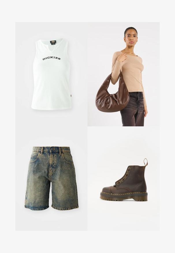 Hnedá kožená bomber bunda so zipsovým zapínaním vpredu, špicatej golierom, elastickými manžetami a spodným okrajom, a bočnými vreckami. Viditeľné kontrastné šitie.; Biela rebrovaná tielko s výstrihom do V, s textom "DICKIES" v tučných čiernych písmenách na hrudi. Bez rukávov.; Denim šortky v bledomodrej farbe, s piatimi vreckami, zapínaním na gombík a roztrhnutými okrajmi, s mierne opotrebovanou štruktúrou.; Hnedé kožené členkové topánky s okrúhlym špicom, kontrastným žltým prešívaním, dekoračnými kovovými očkami a drážkovanou gumovou podrážkou.; Hnedá kožená hobo taška s uvoľneným dizajnom a hladkou textúrou. Nosená neformálne modelkou, s veľkým otvorom a zaobleným tvarom.