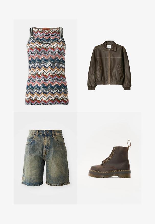 Hnědá kožená bombardovací bunda se zipem vpředu, špičatým límcem, elastickými manžetami a spodním lemem a bočními kapsami. Viditelné kontrastní švy.; Bezramenný pletený top s vícebarevným vzorem zigzag v červených, modrých, černých, bílých a zlatých tónech, s kulatým výstřihem a štítkem Missoni.; Džínové šortky v vybledlé modré barvě, s pěti kapsami, s knoflíkovým zapínáním a roztrhanými lemy, s mírně opotřebovanou texturou.; Hnědá kožená kotníková bota s kulatou špičkou, kontrastním žlutým švem, dekorativními kovovými očky a drážkovanou gumovou podrážkou.