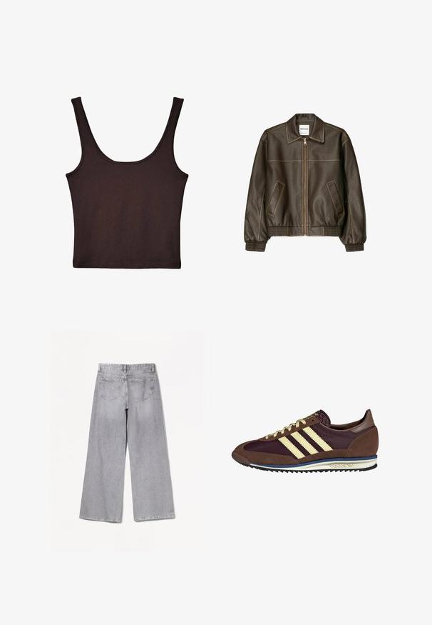 Ruskea nahkainen pommikonejacketti, jossa on vetoketjullinen etuosa, terävä kaulus, joustavat hihansuut ja helma sekä sivutaskut. Näkyvää kontrastiväristä ompelua.; Tummanruskea ribattu tank top, jossa on leveät olkaimet ja vartalonmyötäinen muotoilu. Kangas on pehmeä, sileäpintainen ja lyhyt.; Bershka WIDE-LEG - Leveälahkeiset - grey; Ruskea ja burgundin värinen lenkkari, jossa on yksityiskohtina mokkaa ja verkkomateriaalia, kolmea kermaista raitaa, tekstuuripinta kielekkeessä ja kumipohja.