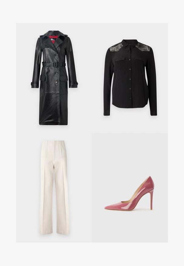 The Kooples - Prochowiec; Czarna koszula z długim rękawem z zapięciem na guziki, dwoma kieszeniami na piersi i koronkowymi detalami na ramionach. Gładki materiał z klasycznym kołnierzykiem.; Beżowe spodnie szerokie w nogawkach z wysokim stanem, dwoma przednimi kieszeniami i widocznymi przeszyciami. Wykonane z gładkiego, lekkiego materiału.; Różowe lakierowane szpilki o spiczastym nosku i smukłej sylwetce, z wycięciem i obcasem w stylu stiletto.