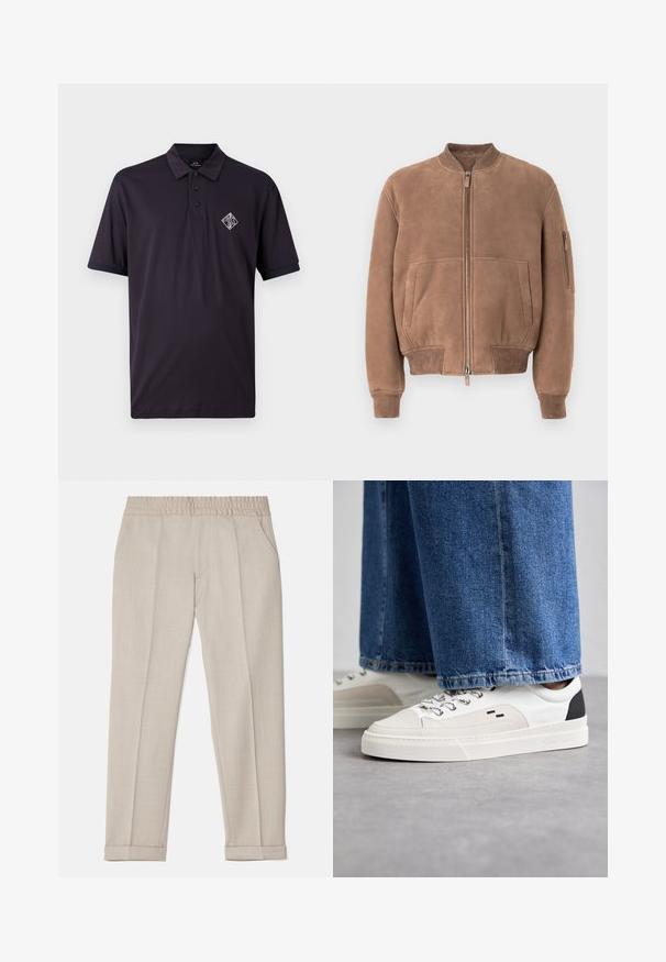 Brūna zamšāda bomber jakas ar rāvējslēdzēju priekšpusē, ribotu apkakli, aprocēm, jostu, sānu kabatām un rāvējslēdzēja kabatu kreisajā piedurknē.; Tums tumši zila polo krekls, izgatavots no kokvilnas, ar apkakli, trīs pogu aizdari un īsām piedurknēm. Priekšā ir balts izšūts logo uz krūtīm.; Filippa K TERRY CROPPED TROUSERS - Auduma bikses - sage melange; Balti un melni apavi ar gludu ādas virsu, teksturētiem akcentiem un masīvu baltu zoli. Iespējojot klasisku šņorējamu dizainu.