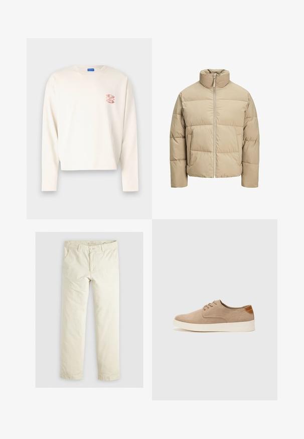 Beige Pufferjacke mit hohem Kragen, vorderem Reißverschluss, oversized Passform, horizontalen Steppnähten und seitlichen Taschen.; Langärmliges cremfarbenes Baumwoll-T-Shirt mit einem verkürzten Design, das ein pinkes Grafiklogo auf der linken Brust und einen klassischen Rundhalsausschnitt aufweist.; Helle beigefarbene, lässig geschnittene Hose mit drei Taschen, Gürtelschlaufen und geradem Bein. Hergestellt aus einem weichen Baumwoll-Mix.; Beige Wildleder-Sneaker mit runder Zehenpartie, Schnürung und strukturiertem Rückenteil. Die weiße Gummisohle sorgt für einen Kontrast. Einfaches und modernes Design.