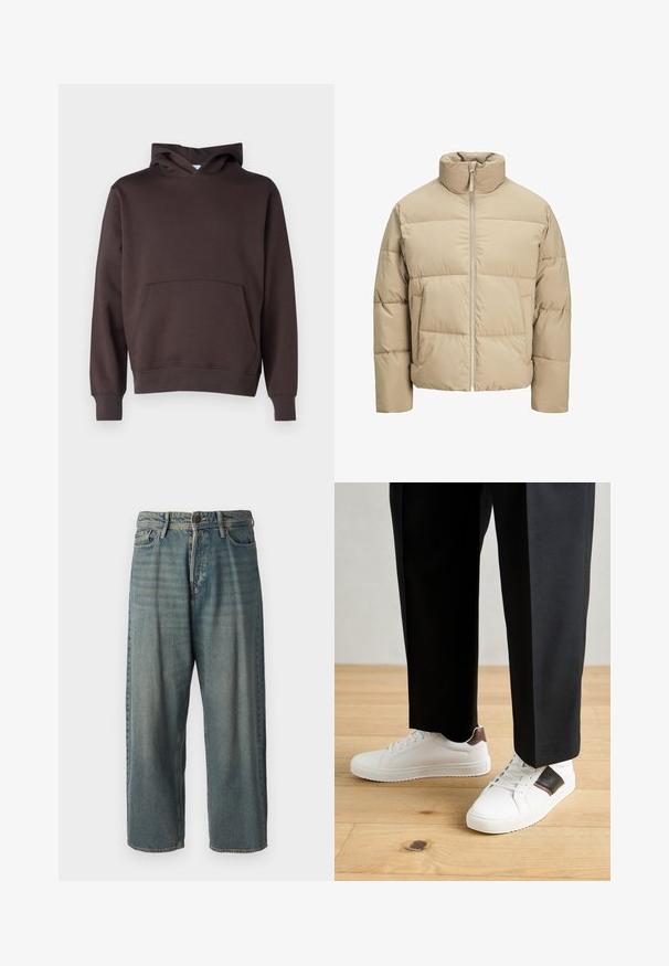 Beige Pufferjacke mit hohem Kragen, vorderem Reißverschluss, oversized Passform, horizontalen Steppnähten und seitlichen Taschen.; Brauner Kapuzenpullover aus weichem Material, mit einer Fronttasche, gerippten Bündchen und Saum sowie einer klassischen A-Linie.; Helle blaue Denim-Jeans mit lockerer Passform, mittelhoher Taille und geraden Beinen. Hat fünf Taschen, Gürtelschlaufen und einen Knopfverschluss.; Weiße Sneakers mit glatter Textur, versehen mit braunen Lederakzenten und schwarzen Details, kombiniert mit schwarzen maßgeschneiderten Hosen. Hintergrund aus Holzboden.