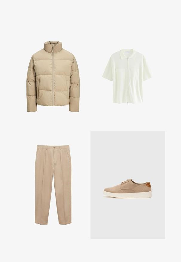 Beige Pufferjacke mit hohem Kragen, vorderem Reißverschluss, oversized Passform, horizontalen Steppnähten und seitlichen Taschen.; Kurzärmliges, weißes Kapuzenshirt aus strukturiertem Stoff mit Kragen und zwei Vordertaschen mit quadratischen Klappen.; Beige Chinos aus Baumwolle mit geradem Bein. Verfügt über Fronttaschen, einen Knopfverschluss und eine glatte Textur.; Beige Wildleder-Sneaker mit runder Zehenpartie, Schnürung und strukturiertem Rückenteil. Die weiße Gummisohle sorgt für einen Kontrast. Einfaches und modernes Design.