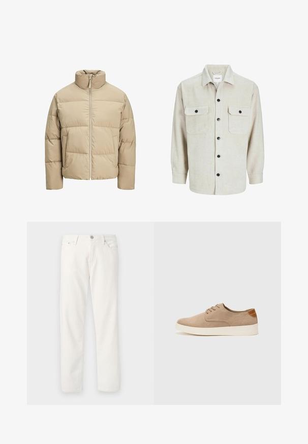 Beige színű puffermellény magas gallérral, elülső cipzárral, oversized fazonnal, vízszintesen steppelt részekkel és oldalsó zsebekkel.; Beige flanel ing, gallérnyakkal, két mellzsebbel, fekete gombokkal és gombbal záródó hosszú ujjakkal.; Fehér farmernadrág egyenes szabásban, öt zsebbel, cipzáros és gombos záródással, valamint finom textúrával. Övhurkokkal és kontrasztos varrással rendelkezik.; Beige velúr sportcipő, kerek orral, fűzős elülső résszel és textúrált hátsó részlettel. Fehér gumitalp kontrasztot ad. Egyszerű és modern design.