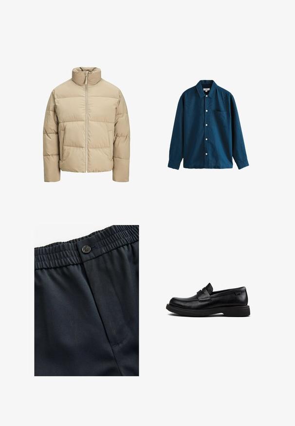 Beež puffer jope kõrge kaelusega, ees lukuga, üle mõõtme sobivusega, horisontaalsete tepitud osadega ja küljetaskutega.; Sinine pikka varrukatega nööpidega särk, millel on klassikaline krae, üks rinnatasku ja valged nööbid. Pehme tekstuur kerge läikega.; Tumesinine, kergesti kaaluv kangas, millel on sile tekstuur. Toodet iseloomustab elastne vöökoht, millel on nööbiga sulgur ja üks küljetasku.; Mustast nahast libisevad loaferid ümarate varvastega, madala tallaga ja dekoratiivse rihmaga üle osa.