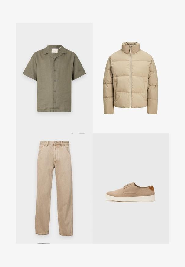 Šviesiai ruda pūkuota striukė su aukštu apykakle, priekyje užtrauktuku, dideliu kirpimu, horizontaliai siuvinėtomis dalimis ir šoninėmis kišenėmis.; Kreminės spalvos lino trumpomis rankovėmis marškiniai su stovyklos apykakle ir šešiomis atitinkančiomis sagomis priekyje, pasižymintys laisvu kirpimu ir tekstūruotu audiniu.; Smėlio spalvos džinsai su tiesia kojų siluetu, turintys priekinę kišenę, metalinį mygtuką ir subtilią tekstūrą.; Bežiniai zomšiniai sportbačiai su apvaliomis pirštų dalimis, raišteliais priekyje ir tekstūruotu užkulniu. Balta guma suteikia kontrastą. Paprastas ir modernus dizainas.