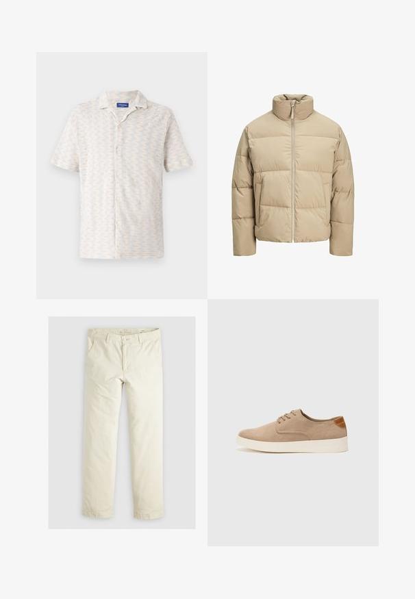 Beige pūka veste ar augstu apkakli, priekšējo rāvējslēdzēju, pārmērīgi plašu piegriezumu, horizontālām kvadrātveida šuvēm un sānu kabatām.; Īsām piedurknēm pogājama krekla gaišās krāsās, ar zigzaga rakstu, apkakli un piecām pogām priekšpusē. Izgatavots no elpojoša auduma.; Gaiši beigu brīvi pieguļoši bikses ar trim kabatām, jostu cilpām un taisnu kāju dizainu. Izgatavotas no mīksta kokvilnas auduma maisījuma.; Beige zamšādas kedas ar noapaļotu purngala daļu, auklēm saplacinātu priekšpusi un teksturētu aizmugures akcentu. Balta gumijas zole nodrošina kontrastu. Vienkāršs un mūsdienīgs dizains.