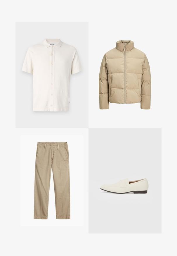 Veste matelassée beige avec un col montant, fermeture éclair à l'avant, coupe oversize, sections matelassées horizontales et poches latérales.; Polo à manches courtes en blanc cassé, avec un tissu texturé, des boutons de fermeture et un col classique. Style simple et polyvalent.; Chinos beiges à jambes droites avec passants de ceinture, fermeture par bouton et fermeture éclair à l'avant, et poches avant en biais.; Mocassins beige clair avec un bout pointu, en matériau lisse, une sangle sur le devant et une semelle basse marron. Design simple avec des accents minimalistes.