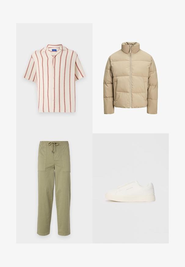 Giubbotto imbottito beige con colletto alto, chiusura frontale a zip, vestibilità oversize, sezioni trapuntate orizzontali e tasche laterali.; Camicia a maniche corte con bottoni in materiale crema, con strisce verticali rosse, caratterizzata da un colletto a scollatura affusolata e chiusura frontale con bottoni.; Pantaloni verde oliva chiaro realizzati in tessuto misto cotone, con una vita elasticizzata e cordoncino, e due ampie tasche laterali.; Sneakers bianchi slip-on con superficie texturizzata, suola spessa e design minimalista. Presentano il logo del marchio sul lato.