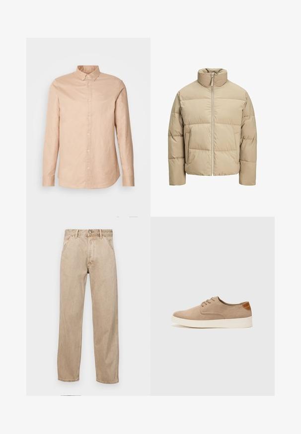 Beige színű puffermellény magas gallérral, elülső cipzárral, oversized fazonnal, vízszintesen steppelt részekkel és oldalsó zsebekkel.; Világos bézs, gombos ing, hosszú ujjakkal, pamutból készült, szűkített gallérral és kis logóval a mellkasán. Sima textúra, klasszikus kialakítás.; Beige színű farmernadrág egyenes fazonnal, elülső zsebekkel, fém gombos záródással és diszkrét textúrával.; Beige velúr sportcipő, kerek orral, fűzős elülső résszel és textúrált hátsó részlettel. Fehér gumitalp kontrasztot ad. Egyszerű és modern design.
