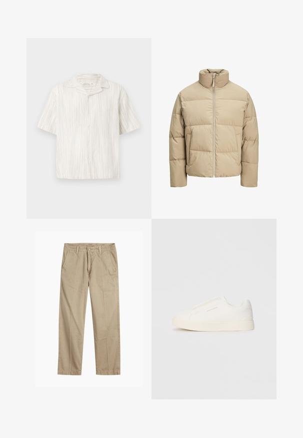 Beige puffer jacket with a high collar, front zip closure, oversized fit, horizontal quilted sections, and side pockets.; Short-sleeve button-up shirt in light beige linen with vertical textured stripes, a pointed collar, and a relaxed fit.; Beige straight-leg chinos with belt loops, front button and zipper closure, and slant front pockets.; White slip-on sneakers with a textured surface, a thick sole, and minimalistic design. Features brand logo on the side.