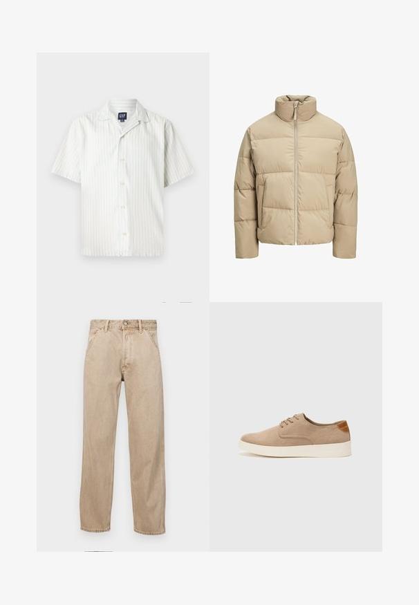 Giubbotto imbottito beige con colletto alto, chiusura frontale a zip, vestibilità oversize, sezioni trapuntate orizzontali e tasche laterali.; Camicia a maniche corte con bottoni in blu chiaro e bianco a righe verticali, realizzata in tessuto di cotone, con colletto a punta e bottoni frontali.; Jeans in denim beige con un design a gamba dritta, dotati di tasche frontali, chiusura con bottone metallico e una texture delicata.; Sneaker in suede beige con punta arrotondata, stringhe davanti e un accento testurizzato sul retro. La suola in gomma bianca offre un contrasto. Design semplice e moderno.