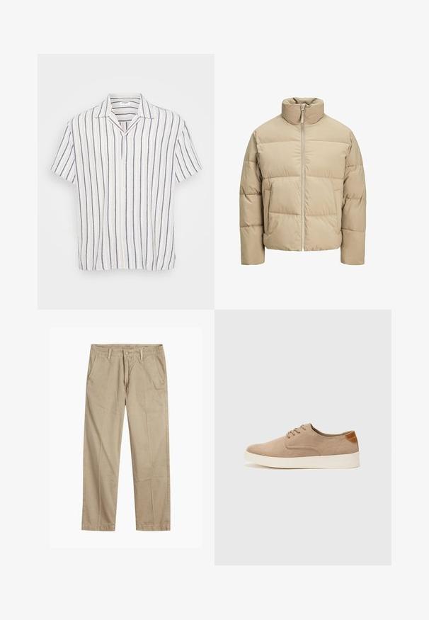 Beež puffer jope kõrge kaelusega, ees lukuga, üle mõõtme sobivusega, horisontaalsete tepitud osadega ja küljetaskutega.; Lühikeste varrukatega nööbitav särk, millel on vertikaalsed triibud valge, mereväe sinise ja heledat beeži värviga. Valmistatud kergetest kangastest, millel on laia krae.; Beeži sirged säärte chinos-püksid, millel on vööloopide, esipainutatud nupud ja tõmblukk ning kaldega esikotid.; Beežid nahast tossud ümarate varvastega, paeltega esiosa ja tekstuuriga tagakontuuriga. Valge kummist tallapakkumine loob kontrasti. Lihtne ja kaasaegne disain.