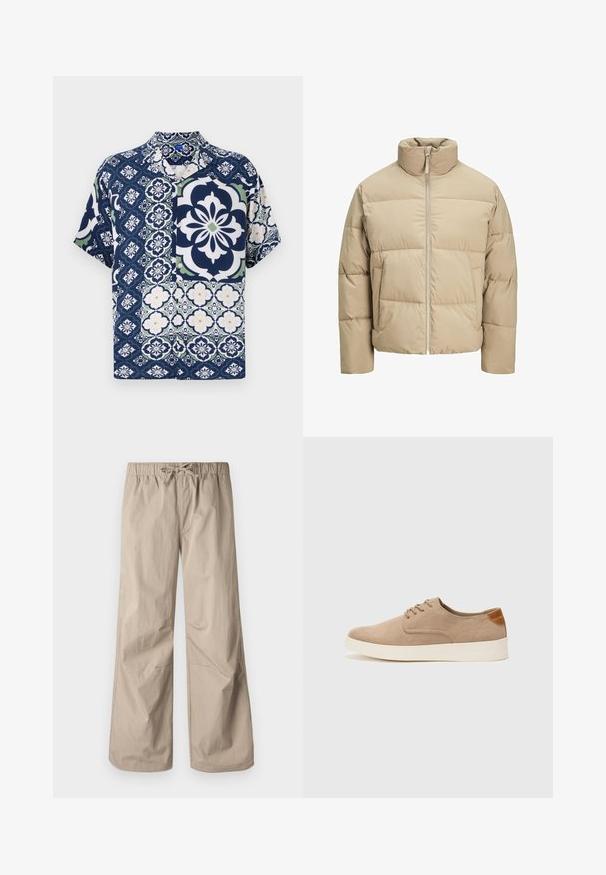 Šviesiai ruda pūkuota striukė su aukštu apykakle, priekyje užtrauktuku, dideliu kirpimu, horizontaliai siuvinėtomis dalimis ir šoninėmis kišenėmis.; Tamsiai mėlyna trumpomis rankovėmis marškiniai su gėlėmis ir geometriniais raštais, su mygtukų uždarymu, minkšta medžiaga ir kontrastingais žaliais bei baltais akcentais.; Šviesiai rudos plačios kelnės su elastinga juosta ir raišteliu. Lygus paviršius, dvi šoninės kišenės ir minimalūs siūlės, užtikrinantys patogų prigludimą.; Bežiniai zomšiniai sportbačiai su apvaliomis pirštų dalimis, raišteliais priekyje ir tekstūruotu užkulniu. Balta guma suteikia kontrastą. Paprastas ir modernus dizainas.