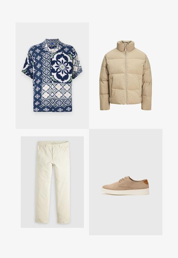 Beżowa kurtka puchowa z wysokim kołnierzem, zamkiem z przodu, luźnym krojem, poziomymi pikowaniami i kieszeniami bocznymi.; Koszulka z krótkim rękawem w kolorze granatowym, z kwiatowymi i geometrycznymi wzorami, z zapięciem na guziki, miękkiego materiału oraz kontrastującymi akcentami w kolorze zielonym i białym.; Jasno beżowe luźne spodnie z trzema kieszeniami, paskami na pasek oraz prostym krojem nogawki. Wykonane z miękkiej mieszanki bawełny.; Beżowe zamszowe sneakersy z okrągłym noskiem, sznurowanym przodem i teksturowanym akcentem na tyle. Biała gumowa podeszwa tworzy kontrast. Prosty i nowoczesny design.