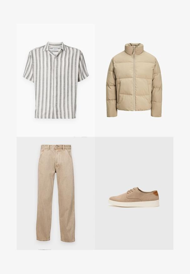 Beige Pufferjacke mit hohem Kragen, vorderem Reißverschluss, oversized Passform, horizontalen Steppnähten und seitlichen Taschen.; Hemd mit kurzen Ärmeln in Creme mit vertikalen schwarzen Streifen. Verfügt über einen Kragen und fünf Knöpfe auf der Vorderseite. Strukturierter Stoff.; Beige Denim-Jeans mit geradem Beinschnitt, ausgestattet mit Vordertaschen, einem Metallknopfverschluss und feiner Textur.; Beige Wildleder-Sneaker mit runder Zehenpartie, Schnürung und strukturiertem Rückenteil. Die weiße Gummisohle sorgt für einen Kontrast. Einfaches und modernes Design.