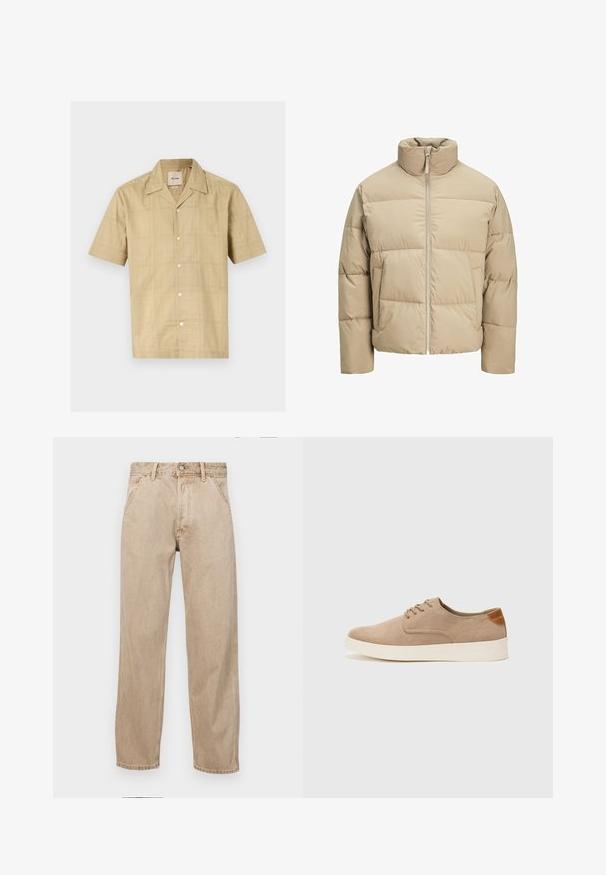 Beige pūka veste ar augstu apkakli, priekšējo rāvējslēdzēju, pārmērīgi plašu piegriezumu, horizontālām kvadrātveida šuvēm un sānu kabatām.; Īsām piedurkņu, pogājama krekls gaiši bēšā krāsā ar smalku režģa rakstu. Izgatavots no mīksta, struktūrēta auduma; tam ir klasiskā apkakle un piecas pogas.; Beige džinsi ar taisnu kāju dizainu, ar priekšējiem kabatām, metāla pogu aizdari un smalku faktūru.; Beige zamšādas kedas ar noapaļotu purngala daļu, auklēm saplacinātu priekšpusi un teksturētu aizmugures akcentu. Balta gumijas zole nodrošina kontrastu. Vienkāršs un mūsdienīgs dizains.