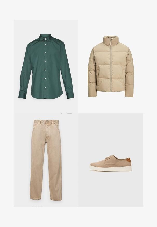 Beige Pufferjacke mit hohem Kragen, vorderem Reißverschluss, oversized Passform, horizontalen Steppnähten und seitlichen Taschen.; Grüne Hemdbluse aus glattem Stoff, mit klassischem Kragen, langen Ärmeln und weißen Knöpfen entlang der Vorderseite. Keine Muster.; Beige Denim-Jeans mit geradem Beinschnitt, ausgestattet mit Vordertaschen, einem Metallknopfverschluss und feiner Textur.; Beige Wildleder-Sneaker mit runder Zehenpartie, Schnürung und strukturiertem Rückenteil. Die weiße Gummisohle sorgt für einen Kontrast. Einfaches und modernes Design.