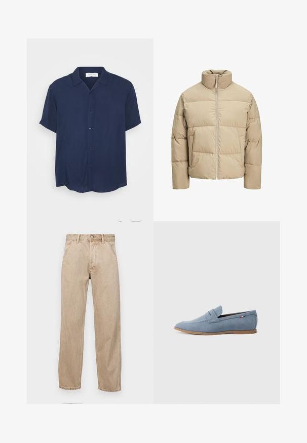 Beige pufferjakke med høj krave, frontlynlås, oversized pasform, vandrette quiltede sektioner og sidelommer.; Marineblå kortærmet skjorte lavet af glat stof, med knaplukning foran, krave og en buet kant.; Beige denimjeans med lige bendesign, med forlommer, metalknaplukning og subtil struktur.; Lys blå ruskinds loafer med en glat tekstur, dekorativt syning og en brun gummisål. Har et penny slot design på overdelen.