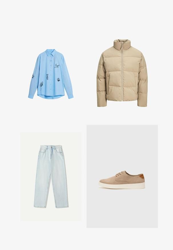 Beige pufferjack met een hoge kraag, ritssluiting aan de voorkant, oversized pasvorm, horizontaal doorgestikte secties en zijzakken.; Lichtblauw overhemd met lange mouwen gemaakt van katoen, met zwarte geborduurde ontwerpen van dieren op de voorkant en mouwen. Voorzien van een button-down kraag.; Lichtblauwe denim jeans met een relaxte pasvorm, recht model, vijf zakken en subtiele vervaging in de stof.; Beige suède sneakers met een ronde neus, vetersluiting aan de voorkant en een getextureerde achteraccent. De witte rubberen zool zorgt voor contrast. Eenvoudig en modern ontwerp.