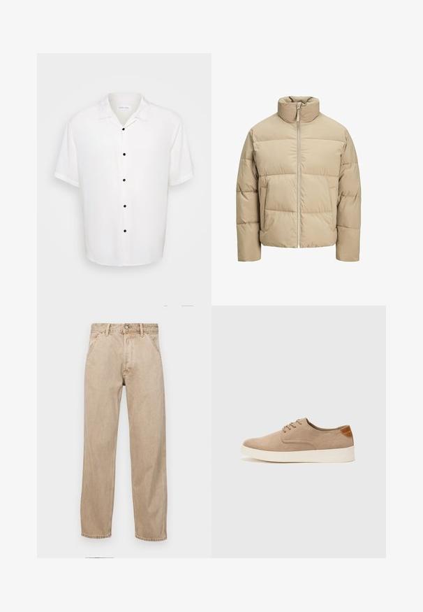 Beige pufferjacka med hög krage, framzip, oversize passform, horisontalt kviltade sektioner och sidofickor.; Vit kortärmad skjorta med kragkrage och fem svarta knappar fram, tillverkad av ett mjukt och lätt tyg.; Beige denimjeans med rak passform, som har framfickor, metallknappstängning och subtil textur.; Beige mockasinsneakers med rund tå, snörning fram och texturerad bakaxel. Vit gummisula ger kontrast. Enkelt och modernt design.