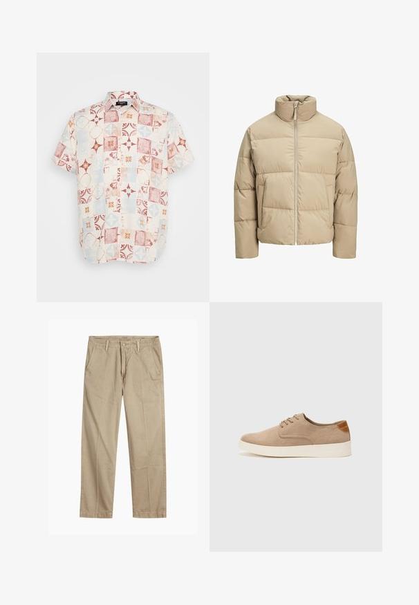 Béžová puffrová bunda s vysokým golierom, predným zipsovým uzávere, oversized strihom, horizontálne prešívanými sekciami a bočnými vreckami.; Košeľa s krátkym rukávom a gombíkmi vyrobená z ľahkej látky, ktorá má patchwork vzor s geometrickými obrazcami v červenej, modrej a krémovej farbe.; Béžové chinos nohavice rovného strihu s pútkami na opasok, predným gombíkom a zipsom, a šikmými prednými vreckami.; Béžové semišové tenisky s okrúhlou špičkou, šnurovaním vpredu a textúrovaným zadným akcentom. Biela gumová podrážka poskytuje kontrast. Jednoduchý a moderný dizajn.