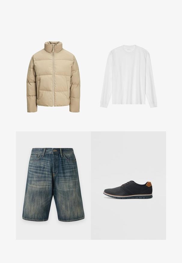 Beżowa kurtka puchowa z wysokim kołnierzem, zamkiem z przodu, luźnym krojem, poziomymi pikowaniami i kieszeniami bocznymi.; Biała bawełniana koszulka z długim rękawem z okrągłym dekoltem i ściągaczami. Prosty, nieozdobny design, charakteryzujący się gładką fakturą i standardowym krojem.; Jasnoniebieskie szorty dżinsowe z wyblakłym wykończeniem, z pięcioma kieszeniami, szlufkami na pasek oraz zapięciem na guzik w talii.; Czarne syntetyczne buty z fakturowaną cholewką, gładkimi akcentami, brązowym obcasem i kontrastującą podeszwą. Charakteryzują się minimalnym sznurowaniem i detalami w szwach.