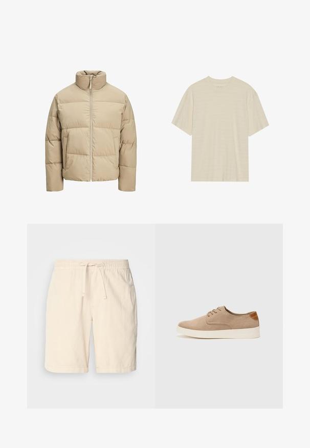 Beige puffatakki korkealla kauluksella, etuvetoketjulla, ylisuurella istuvuudella, vaakasuorilla tikkauksilla ja sivutaskuilla.; Lyhythihainen, vaalean kermanvärinen t-paita, jossa on hienovarainen raidallinen tekstuuri ja pyöreä kaula-aukko, valmistettu kevyestä kankaasta.; Beige puuvillashortsit joustavalla vyötäröllä ja säädettävällä nauhalla, joissa on sivutaskut ja rento malli.; Beige nubuck-lenkkarit, joissa on pyöreä kärki, nauhakiinnitys ja teksturoitu takaosa. Valkoinen kumipohja tuo kontrastia. Yksinkertainen ja moderni muotoilu.