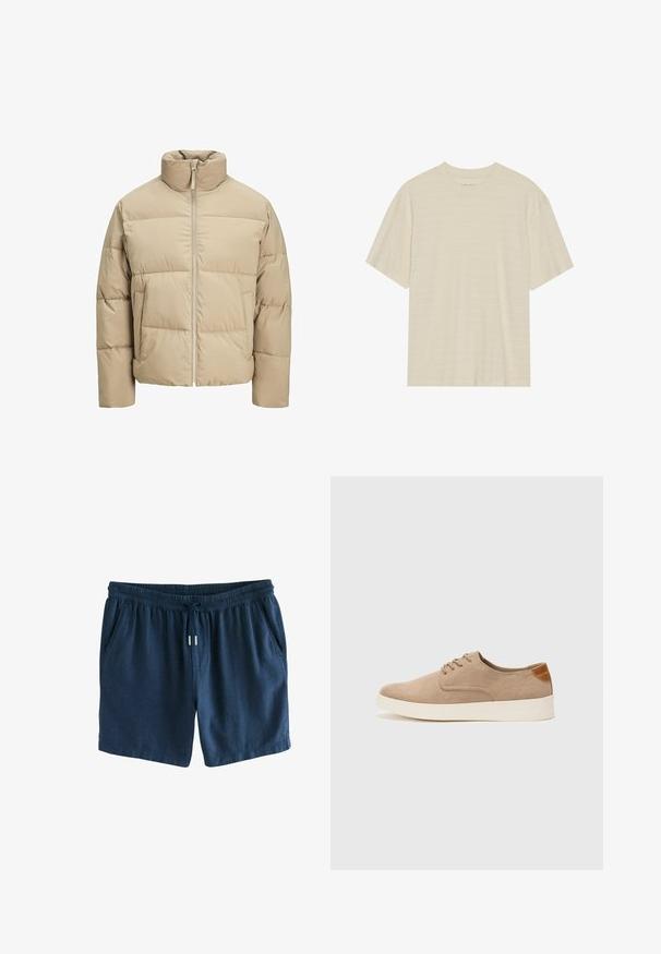 Veste matelassée beige avec un col montant, fermeture éclair à l'avant, coupe oversize, sections matelassées horizontales et poches latérales.; T-shirt crème à manches courtes avec une texture rayée subtile et un col rond, fabriqué en tissu léger.; Shorts bleu marine en tissu léger. Dotés d'une taille élastique avec cordon de serrage et de deux poches latérales. Design simple.; Baskets en daim beige avec un embout arrondi, un laçage sur le devant et un accent texturé à l'arrière. La semelle en caoutchouc blanche offre un contraste. Design simple et moderne.