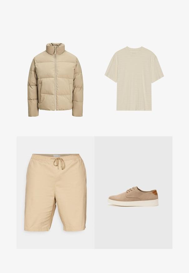 Beige puffer jacket with a high collar, front zip closure, oversized fit, horizontal quilted sections, and side pockets.; Cream-colored short-sleeve t-shirt featuring a subtle striped texture and a round neckline, made from lightweight fabric.; Light beige shorts made of fabric with a smooth texture, featuring an elastic waistband and drawstring, and side pockets.; Beige suede sneakers with a rounded toe, lace-up front, and a textured back accent. White rubber sole provides contrast. Simple and modern design.