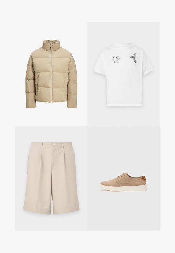 Šviesiai ruda pūkuota striukė su aukštu apykakle, priekyje užtrauktuku, dideliu kirpimu, horizontaliai siuvinėtomis dalimis ir šoninėmis kišenėmis.; Balta medvilninė marškinėlių su apvaliu kaklu ir trumpomis rankovėmis, ant kurios yra juodas grafikas sparnuoto figūros ir tekstas.; Šviesiai rudos, pritaikytos šortai, pagaminti iš lengvos medžiagos, su priekiniais mygtukais, dviem šoninėmis kišenėmis ir įlankos puošybos detale priekyje.; Bežiniai zomšiniai sportbačiai su apvaliomis pirštų dalimis, raišteliais priekyje ir tekstūruotu užkulniu. Balta guma suteikia kontrastą. Paprastas ir modernus dizainas.