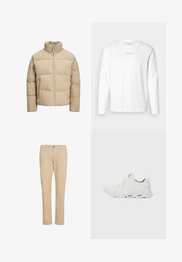 Beige Pufferjacke mit hohem Kragen, vorderem Reißverschluss, oversized Passform, horizontalen Steppnähten und seitlichen Taschen.; Langärmliges, weißes Baumwoll-T-Shirt. Mit Rundhalsausschnitt und kleinem schwarzen Logo-Text, der auf der Brust zentriert ist. Weicher Stoff, lässiges Design.; Beige Hosen mit geradem Bein, ausgestattet mit einem Reißverschluss und Knopfverschluss, aus glattem Stoff mit dezenten Steppnähten.; Weiße Sportschuhe mit einem strukturierten Strickobermaterial, flachen Schnürsenkeln und einer gepolsterten Sohle mit sichtbaren Luftkammern für zusätzlichen Halt.