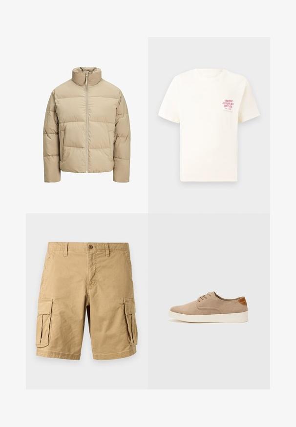 Veste matelassée beige avec un col montant, fermeture éclair à l'avant, coupe oversize, sections matelassées horizontales et poches latérales.; T-shirt blanc à manches courtes avec le texte rouge "Édition Originals du Studio" sur la poitrine gauche, présenté sur un fond gris neutre.; Shorts cargo beiges en coton léger, dotés de deux grandes poches latérales, d'une fermeture à bouton et de passants de ceinture. Texture douce.; Baskets en daim beige avec un embout arrondi, un laçage sur le devant et un accent texturé à l'arrière. La semelle en caoutchouc blanche offre un contraste. Design simple et moderne.