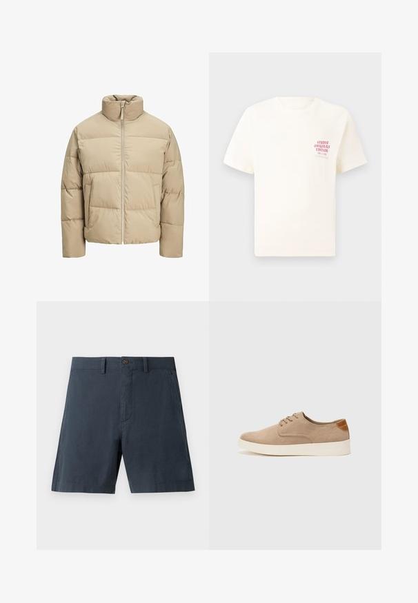 Beige pufferjacka med hög krage, framzip, oversize passform, horisontalt kviltade sektioner och sidofickor.; Vit kortärmad T-shirt med röd text "Studio Originals Edition" på vänster bröst, är uppställd på en neutral grå bakgrund.; Marinblå shorts i en bomullsmix, med knappstängning, sidofickor och rak bendesign.; Beige mockasinsneakers med rund tå, snörning fram och texturerad bakaxel. Vit gummisula ger kontrast. Enkelt och modernt design.