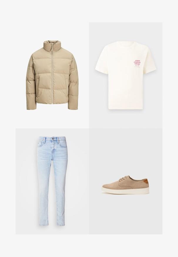 Beige színű puffermellény magas gallérral, elülső cipzárral, oversized fazonnal, vízszintesen steppelt részekkel és oldalsó zsebekkel.; Fehér, rövid ujjú póló, bal mellen piros szöveggel "Studio Originals Edition", semleges szürke háttér előtt.; Világoskék farmernadrág, slim fit szabású, öt zsebbel és gombos záródással. Enyhén kopottas hatású és egyenes lábú kivitel.; Beige velúr sportcipő, kerek orral, fűzős elülső résszel és textúrált hátsó részlettel. Fehér gumitalp kontrasztot ad. Egyszerű és modern design.