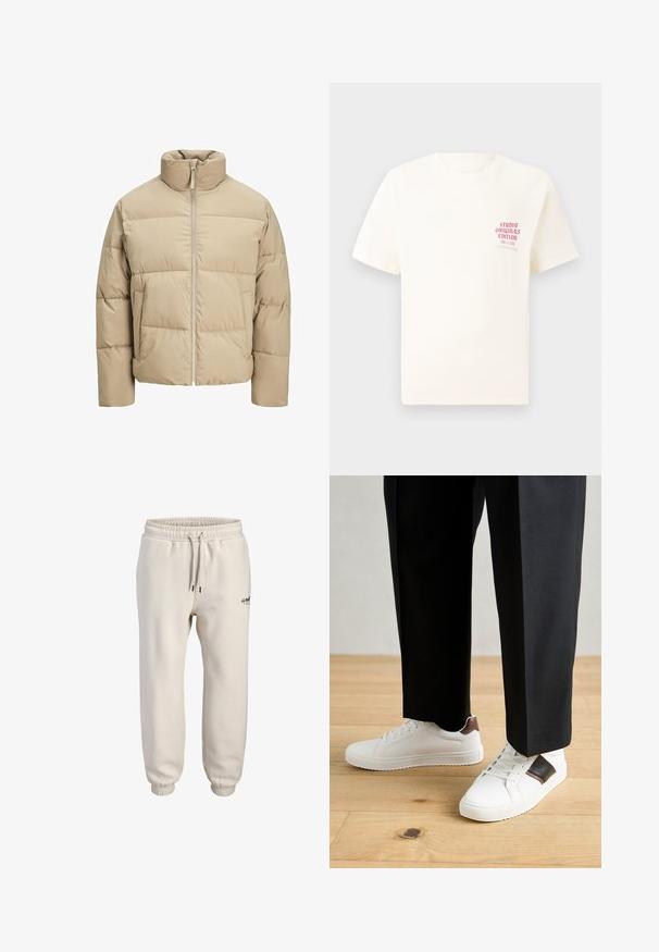 Beige pūka veste ar augstu apkakli, priekšējo rāvējslēdzēju, pārmērīgi plašu piegriezumu, horizontālām kvadrātveida šuvēm un sānu kabatām.; Balts īsām piedurknēm T-krekls ar sarkanu tekstu "Studio Originals Edition" uz kreisā krūšu, pakārtots neitrālā pelēkā fonā.; Gaiši bež jogger bikses, izgatavotas no mīkstas auduma, ar elastīgu jostu un auklu, kā arī sašaurinātiem manžetēm. Mazs logo akcenta elements priekšā.; Baltā pārsoļa apavi ar gludu tekstūru, papildināti ar brūniem ādas akcentiem un melniem elementiem, savienoti ar melnām pielāgotām biksēm. Koka grīdas fons.