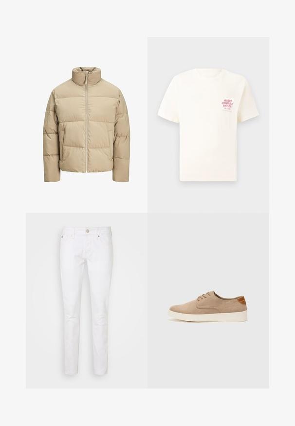 Beige puffatakki korkealla kauluksella, etuvetoketjulla, ylisuurella istuvuudella, vaakasuorilla tikkauksilla ja sivutaskuilla.; Valkoinen lyhythihainen t-paita, jossa on punainen teksti "Studio Originals Edition" vasemmalla rinnalla, esitetty neutraalilla harmaalla taustalla.; Valkoiset farkut, joissa on kapea leikkaus, klassinen viiden taskun muotoilu, nappisulku ja hienovaraiset ompeluohjeet.; Beige nubuck-lenkkarit, joissa on pyöreä kärki, nauhakiinnitys ja teksturoitu takaosa. Valkoinen kumipohja tuo kontrastia. Yksinkertainen ja moderni muotoilu.