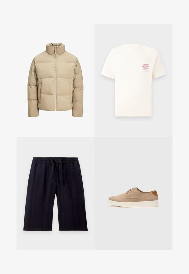 Giubbotto imbottito beige con colletto alto, chiusura frontale a zip, vestibilità oversize, sezioni trapuntate orizzontali e tasche laterali.; T-shirt bianco a maniche corte con testo rosso "Studio Originals Edition" sul lato sinistro del petto, esposto su uno sfondo grigio neutro.; Pantaloni corti neri fino al ginocchio realizzati in tessuto leggero. Presentano una vita elastica con cordoncino e una texture liscia. Design semplice.; Sneaker in suede beige con punta arrotondata, stringhe davanti e un accento testurizzato sul retro. La suola in gomma bianca offre un contrasto. Design semplice e moderno.