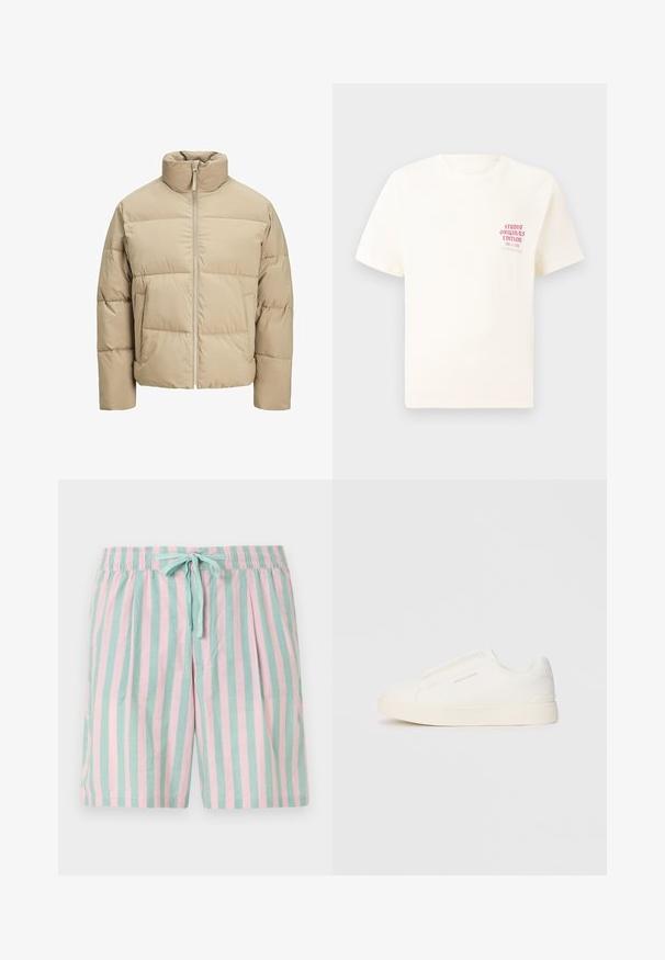 Beige színű puffermellény magas gallérral, elülső cipzárral, oversized fazonnal, vízszintesen steppelt részekkel és oldalsó zsebekkel.; Fehér, rövid ujjú póló, bal mellen piros szöveggel "Studio Originals Edition", semleges szürke háttér előtt.; Könnyű, csíkozott bermuda nadrág váltakozó türkiz és rózsaszín függőleges csíkokkal, rugalmas derékkal és elől megkötős részlettel.; Fehér slip-on sportcipők texturált felülettel, vastag talppal és minimalista dizájnnal. Az oldalon a márka logója található.